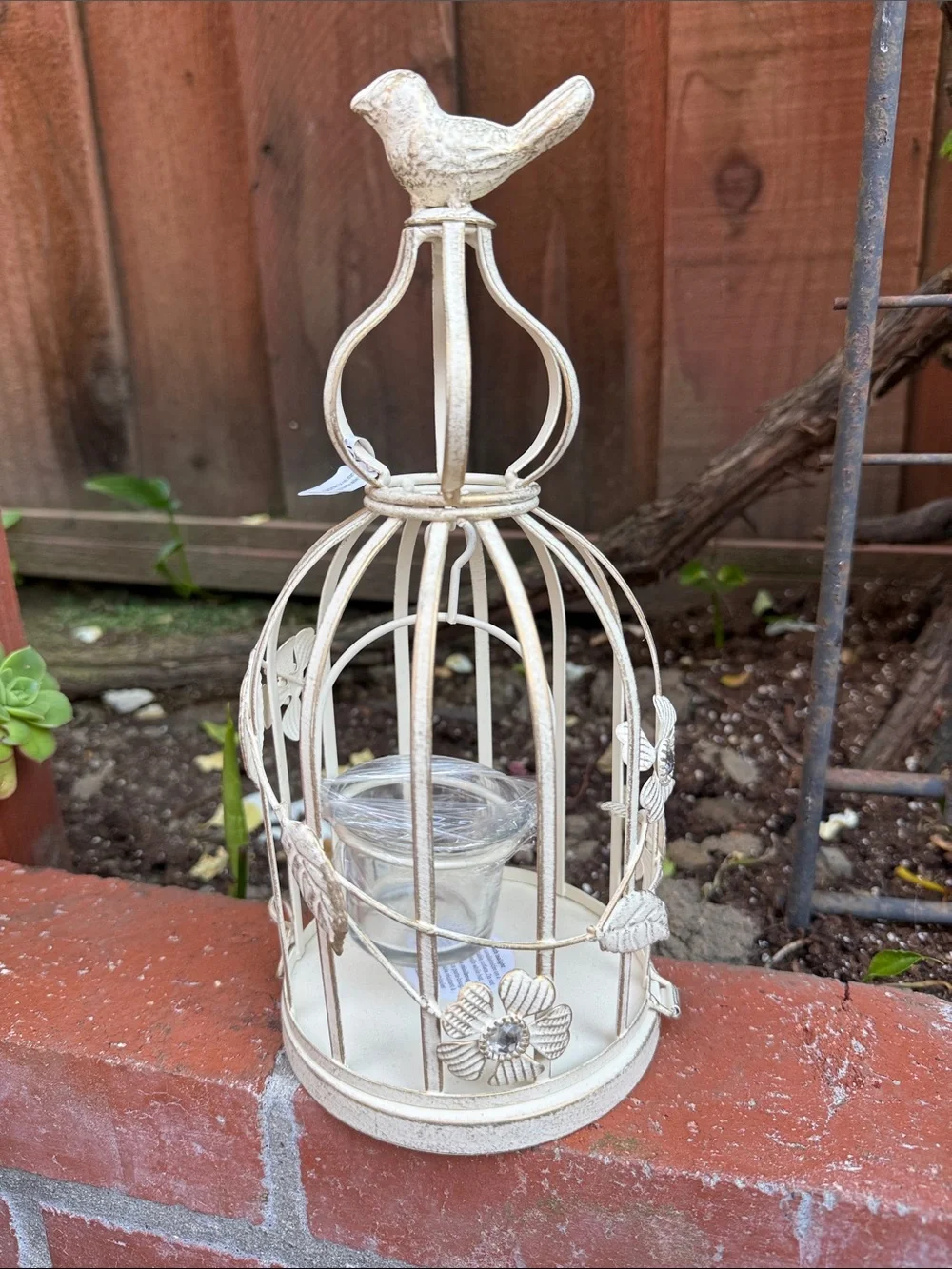 Pier 1 Cream Metal Birdcage Candle Holder with Floral Accents